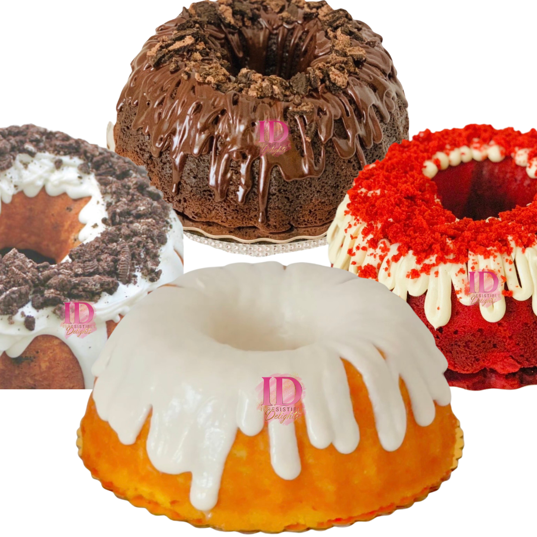 Large Bundt Cakes — Vanilla, Chocolate, Cookies & Cream, Red Velvet, Pineapple Carrot, Bacardi Rum, Strawberry